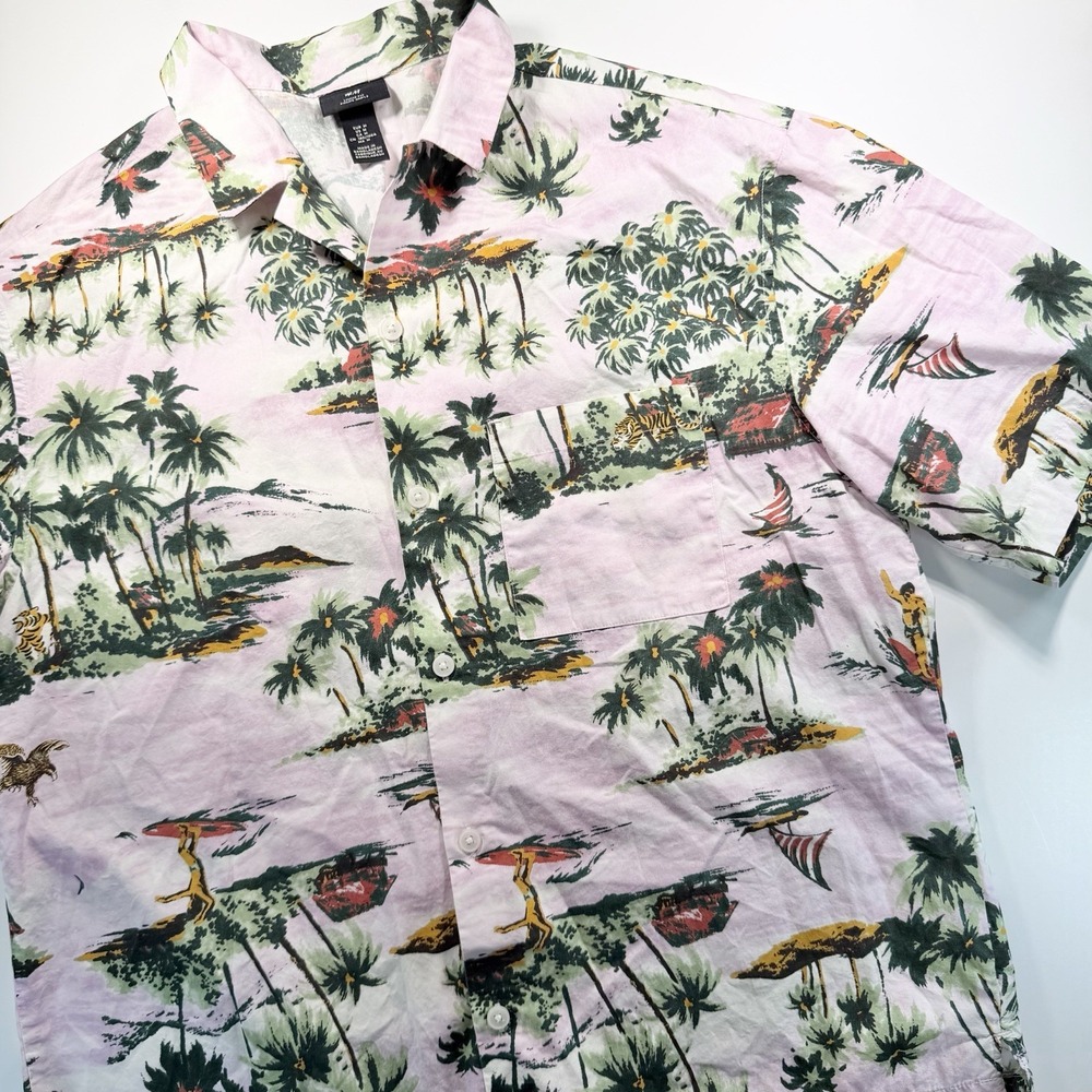 H&M Men's Loose Fit Hawaiian Shirt Button‎ Up Pink Green M Luau Island Vacation